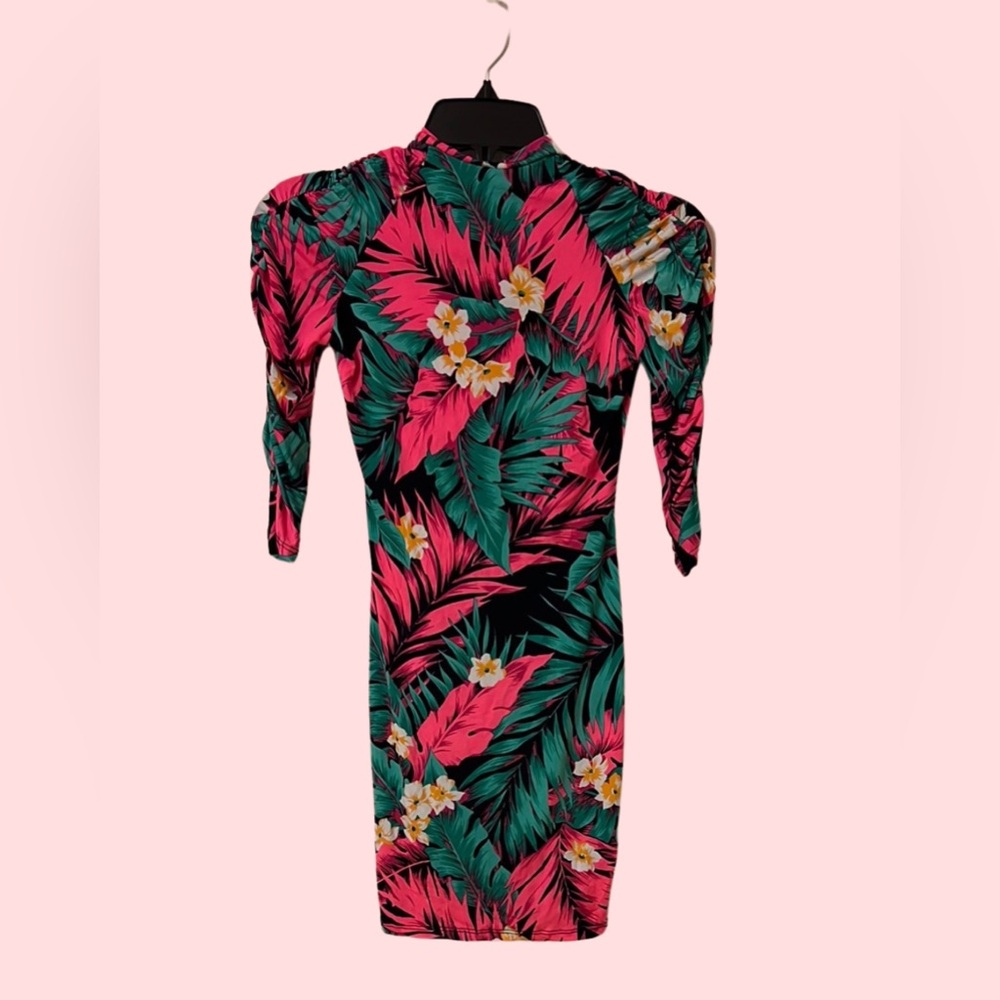 Fashion Nova Tropical Floral Fitted Dress - Pink and Green